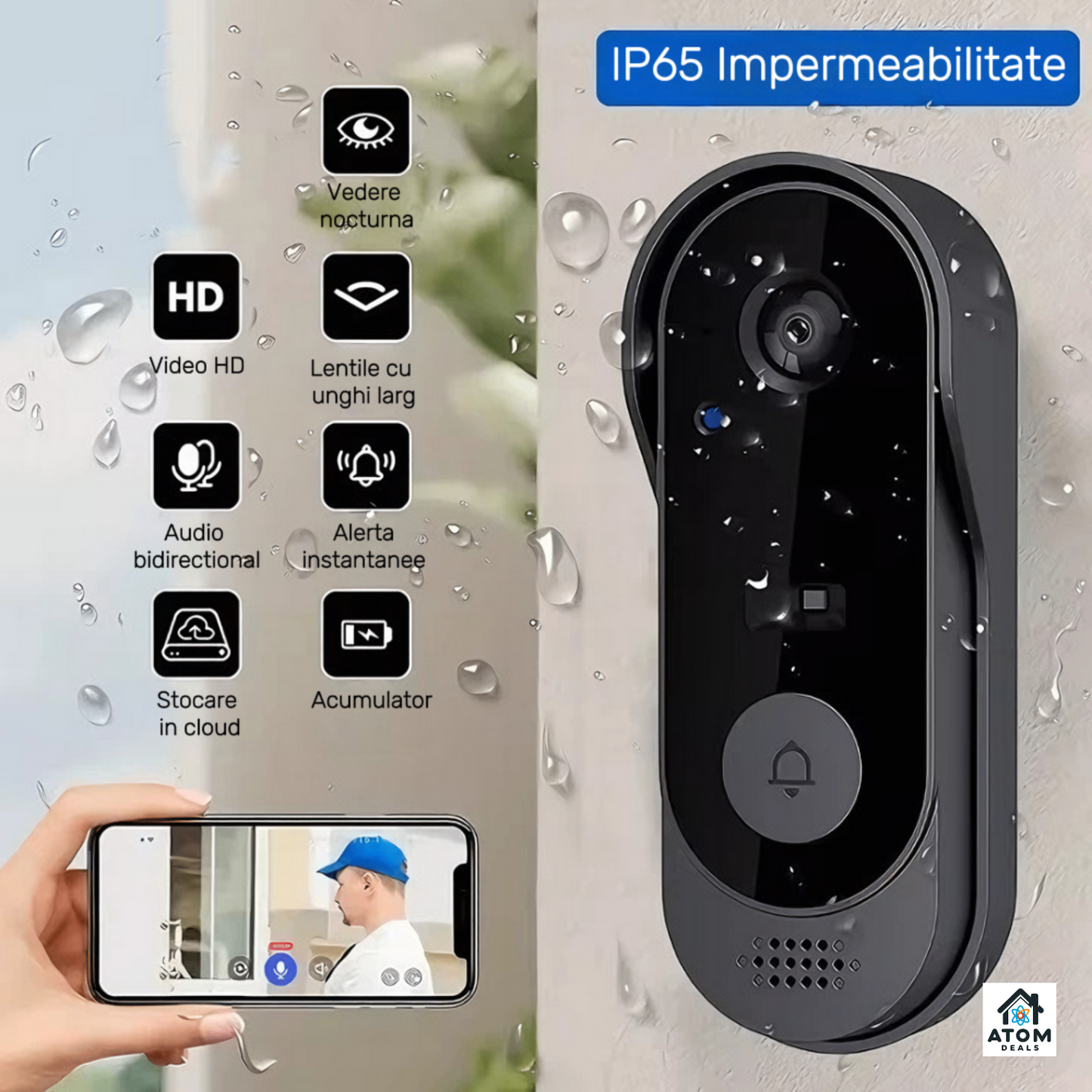 Sonerie video inteligenta ATOM DEALS®️, WiFi Tuya, videointerfon smart IP65, night vision 125°, comunicare bidirectionala, acumulator ATOM Deals