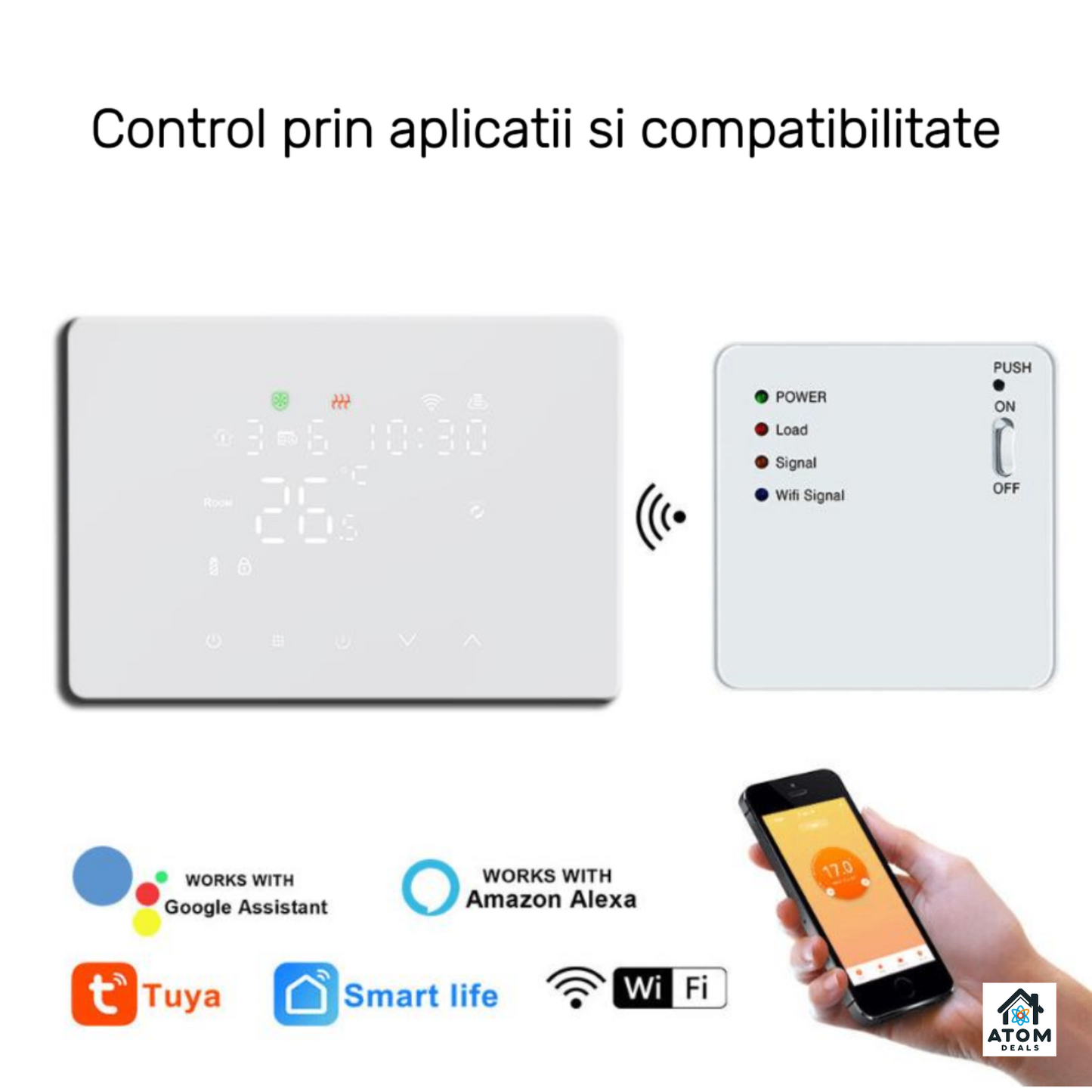 Termostat inteligent ATOM DEALS®️, WiFi HY101RF Tuya, Smart Life, touch, compatibil Alexa