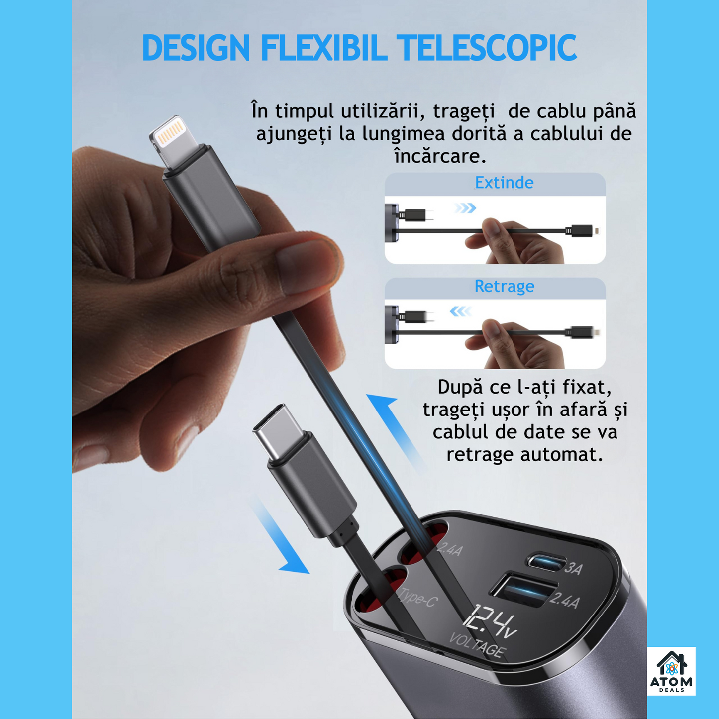 Incarcator auto 4 in 1 ATOM DEALS®️, 120W, rotatie 180°, cu 1xcablu retractabil USB-C si 1xcablu compatibil iPhone, lungime 800mm, porturi 1xUSB Type-C 5V/3A, 1xUSB A 5V/2.4A, incarcare rapida, afisaj luminos voltaj indicator baterie masina 12-24V, gri