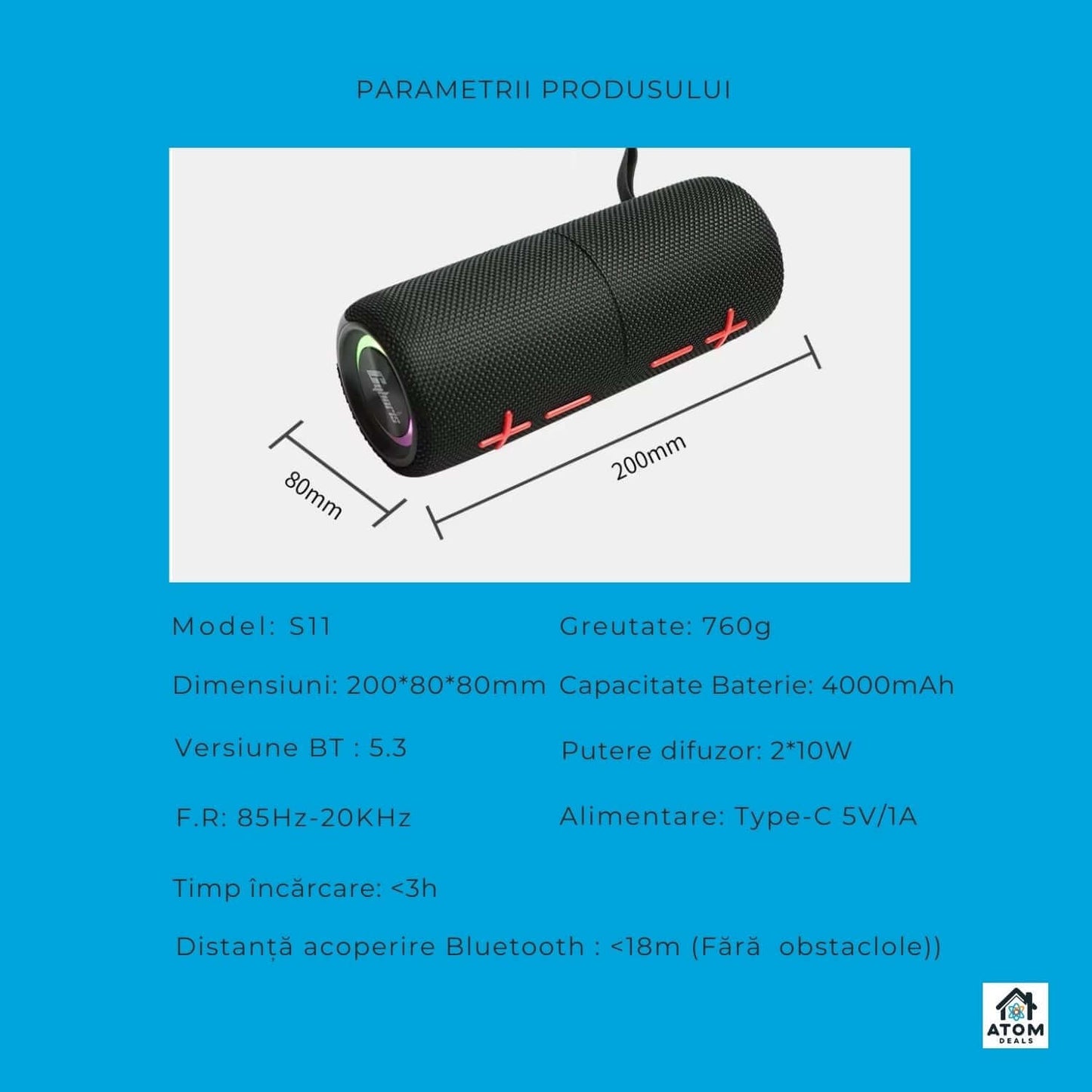 Boxa portabila ATOM Deals®, 20W, waterproof IPX6, Bluetooth 5.3, 15h autonomie