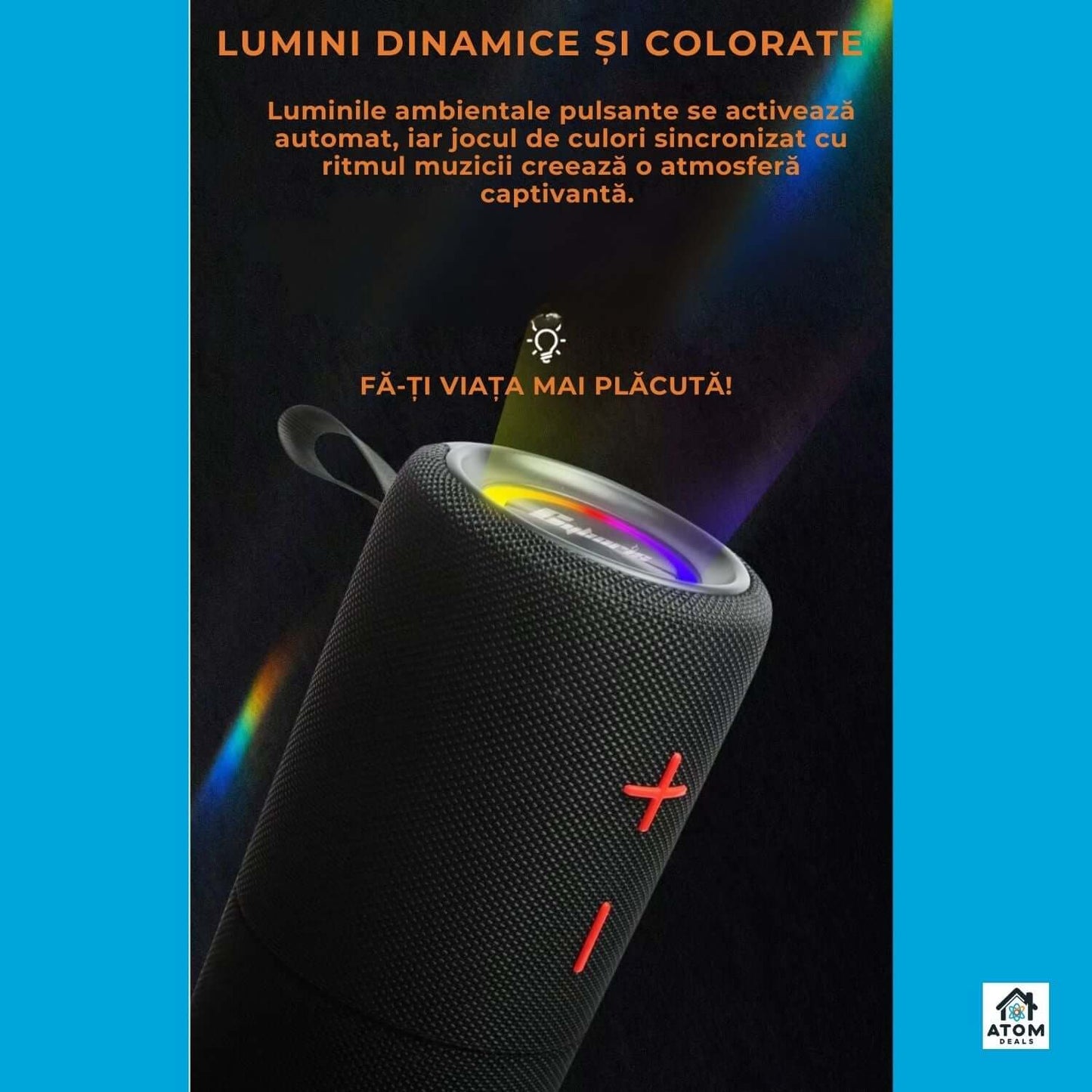 Boxa portabila ATOM Deals®, Bluetooth 5.3, sunet stereo 2x20W, bass puternic, waterproof IPX6, autonomie 20h, baterie 2x4000mAh, LED RGB, TWS, card TF, pentru petreceri, drumetii si exterior, negru