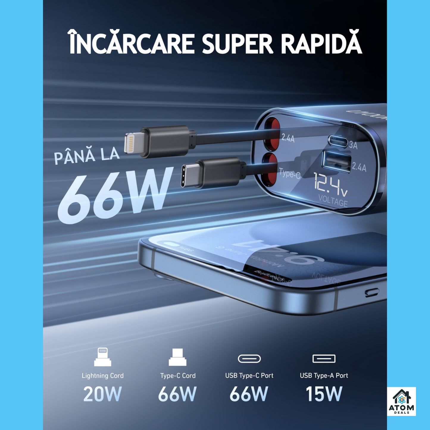 Incarcator auto 4 in 1 ATOM DEALS®️, 120W, rotatie 180°, cu 1xcablu retractabil USB-C si 1xcablu compatibil iPhone, lungime 800mm, porturi 1xUSB Type-C 5V/3A, 1xUSB A 5V/2.4A, incarcare rapida, afisaj luminos voltaj indicator baterie masina 12-24V, gri