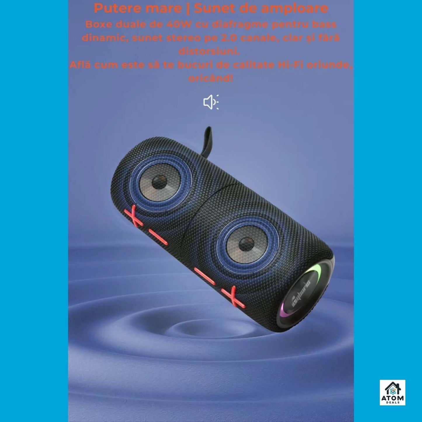 Boxa portabila ATOM Deals®, Bluetooth 5.3, sunet stereo 2x20W, bass puternic, waterproof IPX6, autonomie 20h, baterie 2x4000mAh, LED RGB, TWS, card TF, pentru petreceri, drumetii si exterior, negru