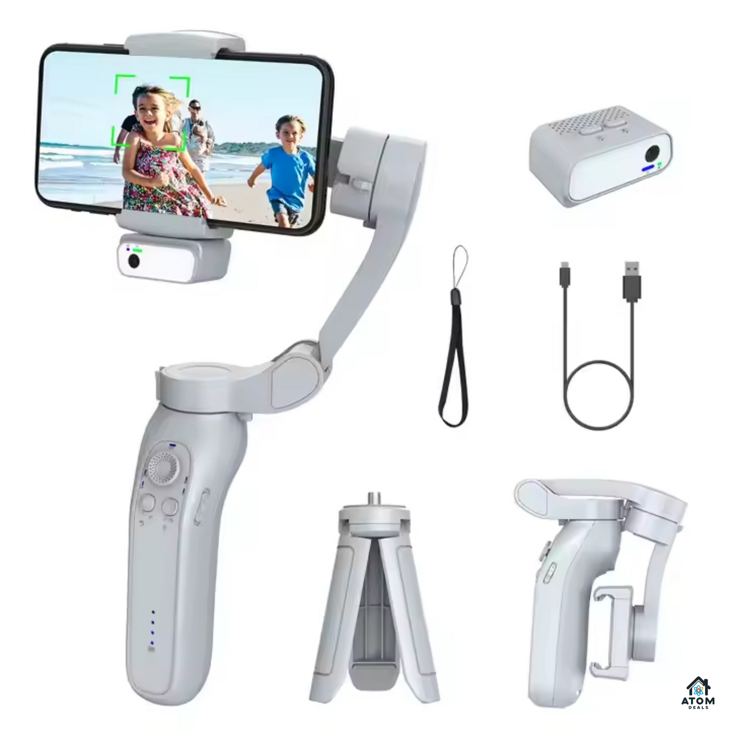 Sistem de stabilizare, gimbal, L7Bpro 3-Axe ATOM DEALS®️, trepied, portabil, operare cu 1 mana, functii 360°, urmareste fata, corpul, obiectul, dolly zoom, slow-motion, compatibil cu telefoane pana la 16.5cm, autonomie 4.5 ore, incarcare rapida, gri