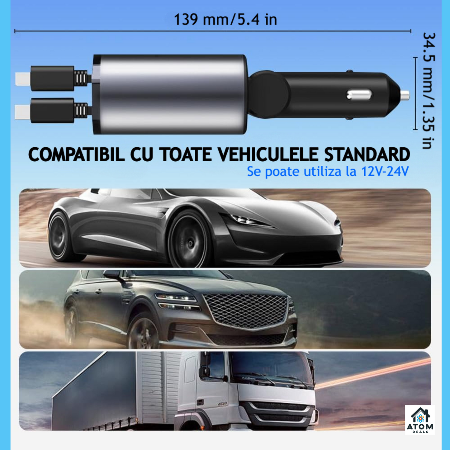 Incarcator auto 4 in 1 ATOM DEALS®️, 120W, rotatie 180°, cu 1xcablu retractabil USB-C si 1xcablu compatibil iPhone, lungime 800mm, porturi 1xUSB Type-C 5V/3A, 1xUSB A 5V/2.4A, incarcare rapida, afisaj luminos voltaj indicator baterie masina 12-24V, gri