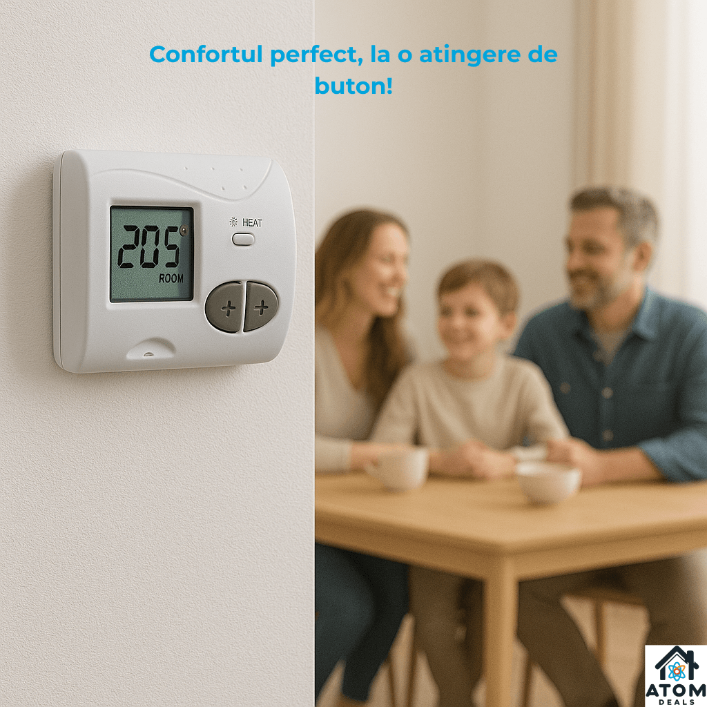 Termostat wireless RF ATOM Deals®, alb, cu receptor, ecran LCD iluminat, control temperatura 5-35 °C, precizie ±0.5 °C