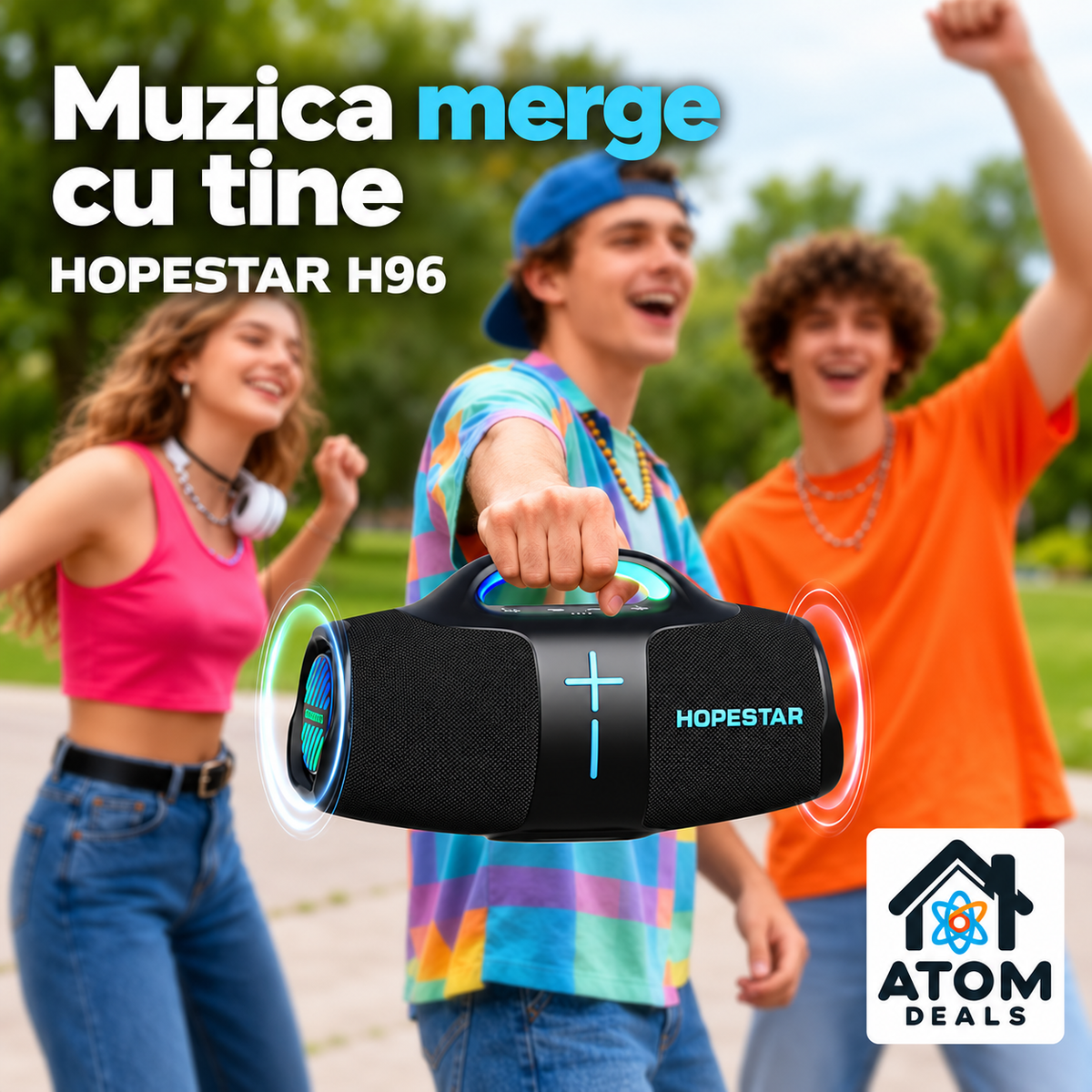Boxă portabilă HOPESTAR H96 transportată de mâner la o întâlnire cu prietenii în aer liber