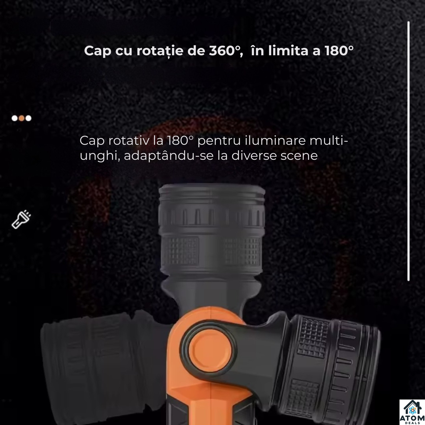 Lanterna LED multifunctionala ATOM Deals®, 1000 lm, reincarcabila USB-C, magnetica, zoom reglabil, SOS, IP54, 3000 mAh, negru/portocaliu ATOM Deals