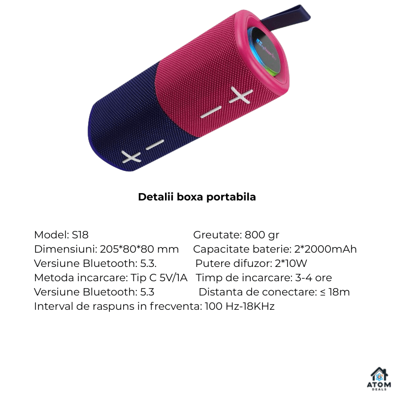 Boxa portabila Bluetooth 5.3 ATOM Deals®, 20W, TWS stereo, IPX6, autonomie 15h, lumini RGB, card TF/AUX, raza 18m, ABS rezistent, bass puternic, baterie 4000 mAh, albastru si rosu ATOM Deals