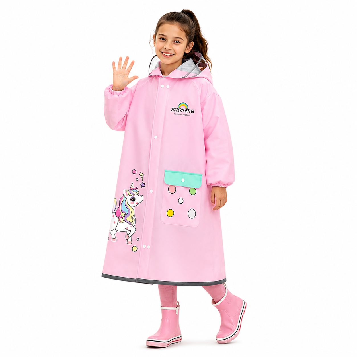 Pelerina de ploaie pentru copii ATOM Deals® unicorn roz, impermeabila EVA, protectie ghiozdan, gluga cu cozoroc transparent, benzi reflectorizante, sac depozitare inclus
