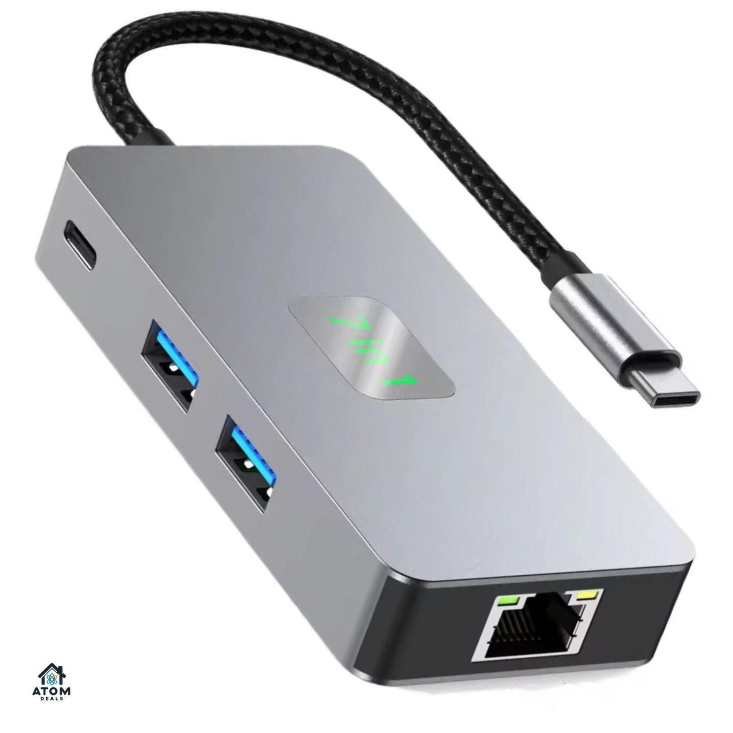 Hub USB-C 7 in 1 ATOM Deals®, gri deschis, PD 100W, HDMI 4K 60Hz, 2 x USB 3.2, Ethernet 2500Mbps , cititor SD TF, transfer ultra rapid, docking station aluminiu pentru laptop, MacBook, PC