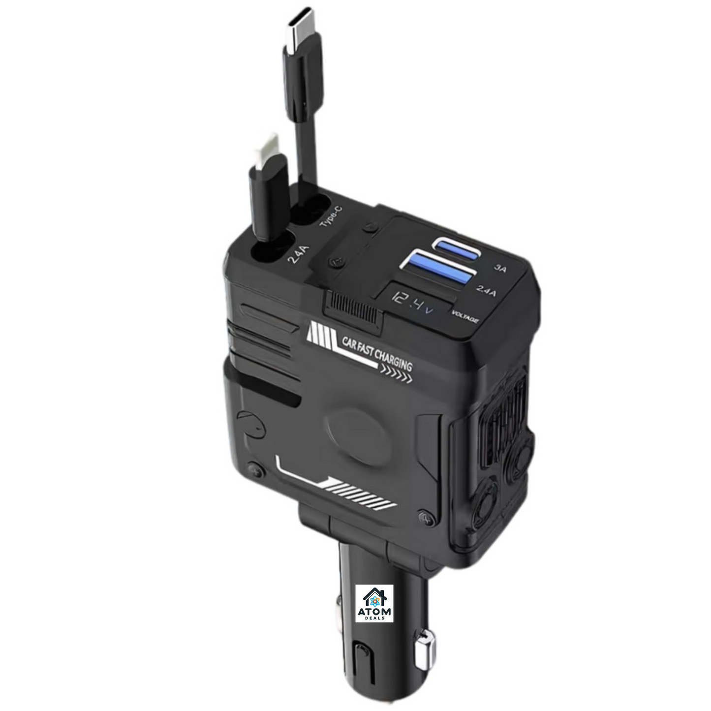 Incarcator auto retractabil 4-in-1 ATOM DEALS®️, 120W, incarcare super rapida, afisaj LED, cablu telescopic 80cm USB TypeC, cablu iPhone