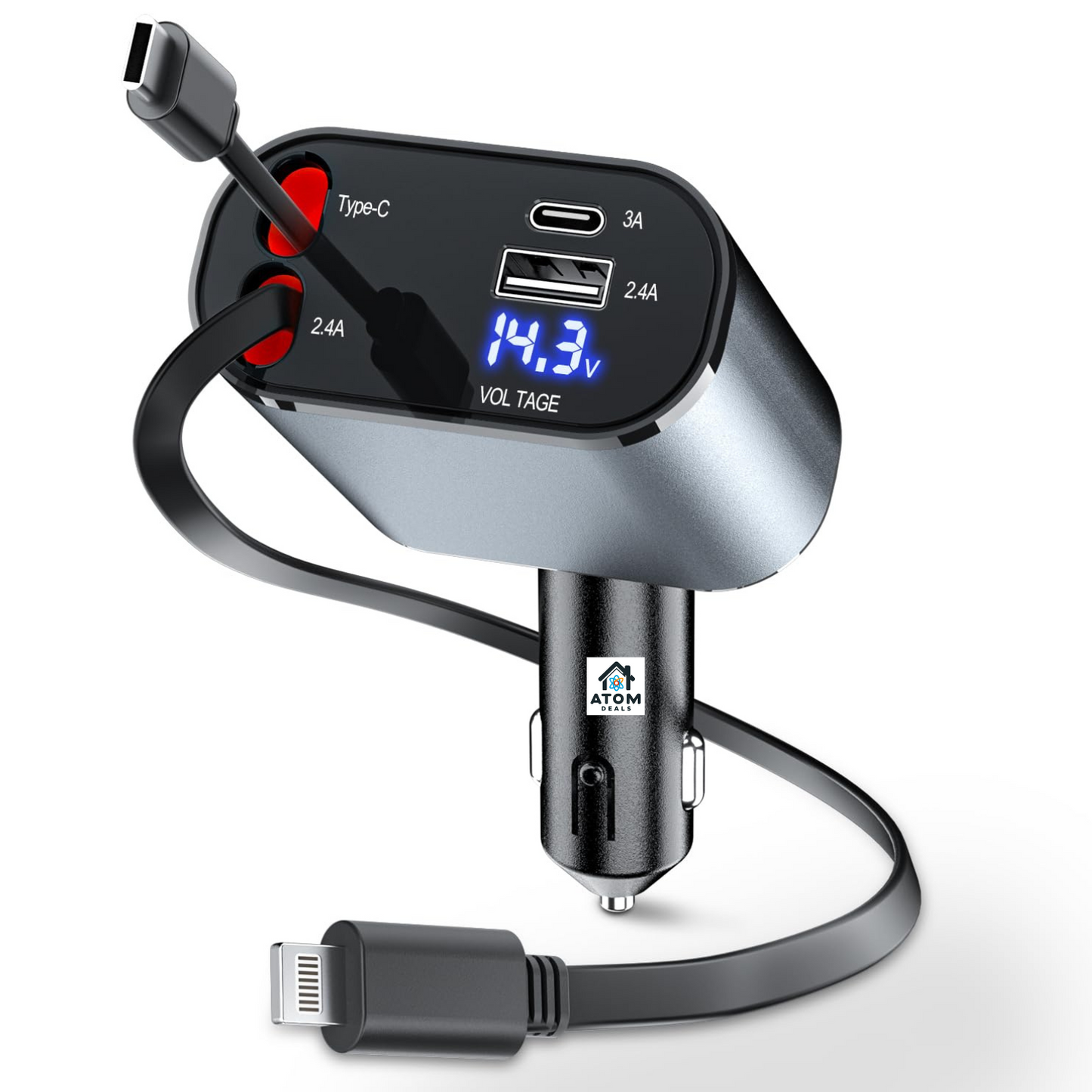 Incarcator auto 4 in 1 ATOM DEALS®️, 120W, rotatie 180°, cu 1xcablu retractabil USB-C si 1xcablu compatibil iPhone, lungime 800mm, porturi 1xUSB Type-C 5V/3A, 1xUSB A 5V/2.4A, incarcare rapida, afisaj luminos voltaj indicator baterie masina 12-24V, gri