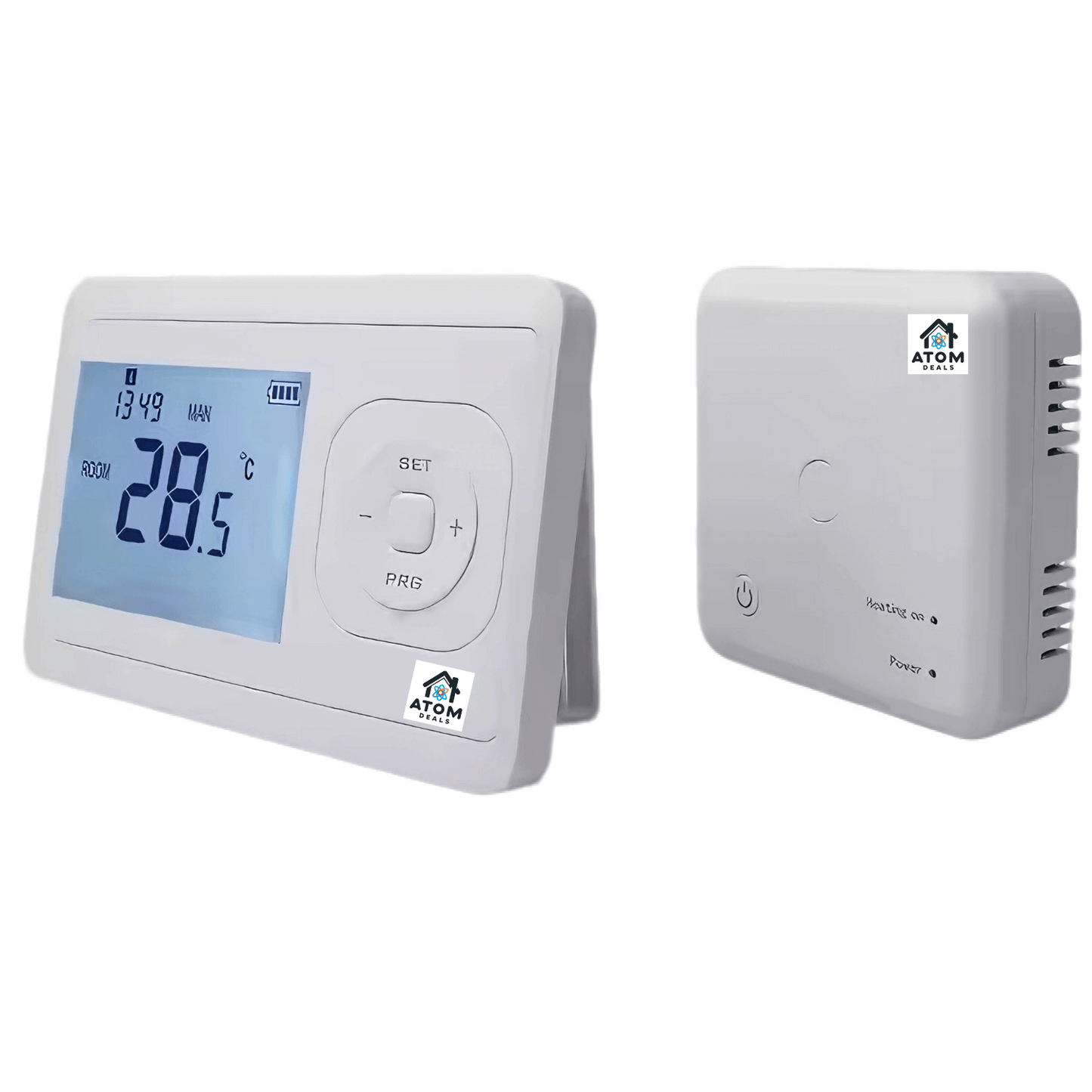 Termostat Wireless ATOM DEALS®️, control temperatura pentru sistem incalzire centrala gaz, programabil saptamanal,montaj pe perete, control temperatura, AC220V, 10A, alimentare cu 2 Baterii AA, ideal pentru apartament, hotel, birou, alb