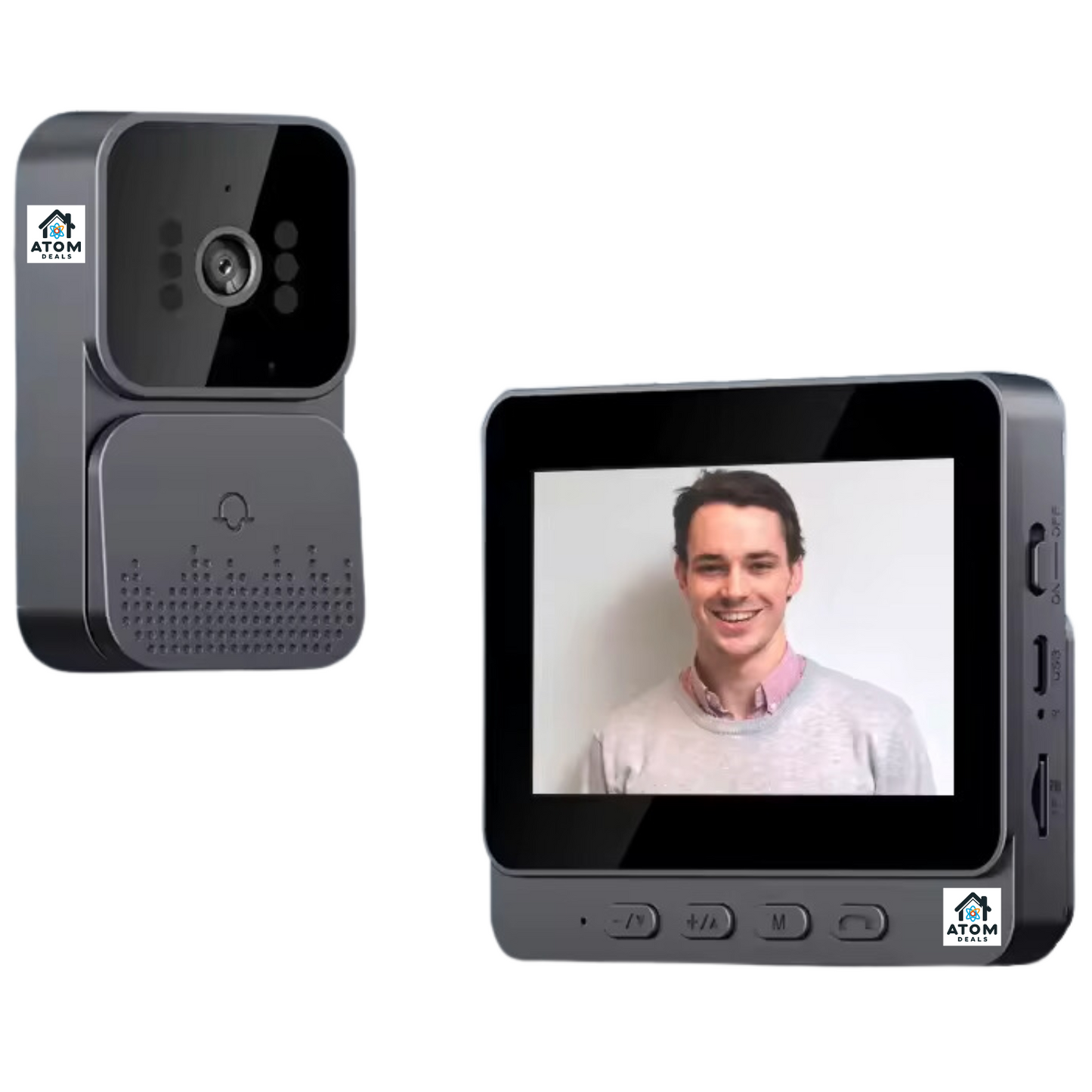Sonerie video wireless ATOM DEALS®, interfon bidirectional, ecran IPS 4.3", vedere nocturna, 4 LED-uri IR, interconexiune wireless bluetooth, baterie reincarcabila, unghi vizualizare 70°, distanta 5m, design compact, difuzor si microfon integrate, negru