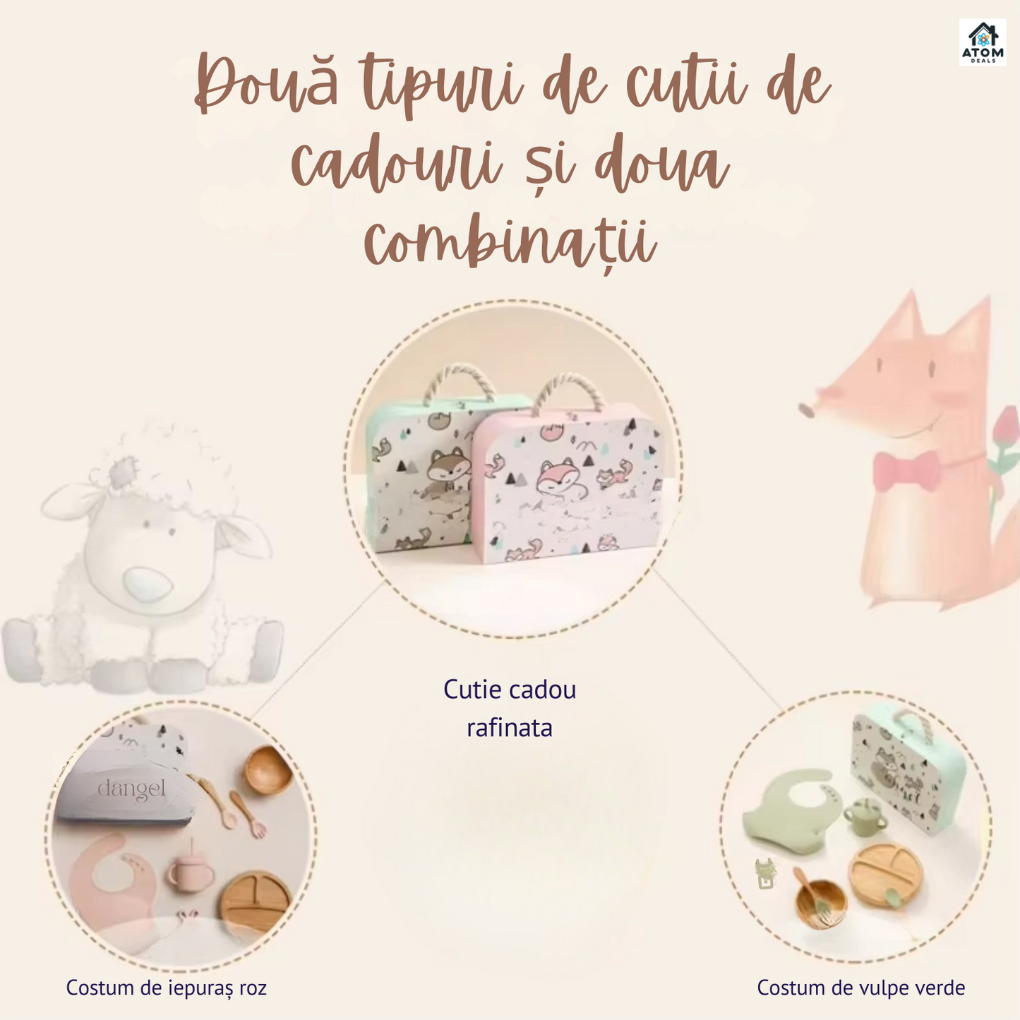 Set unisex de masa pentru bebelusi ATOM DEALS®️, din bambus natural, farfurie compartimentata cu baza antialunecare, bol cu ventuza, lingura si furculita din silicon alimentar, baveta silicon, ecologic, perfect pentru Baby-Led Weaning, roz