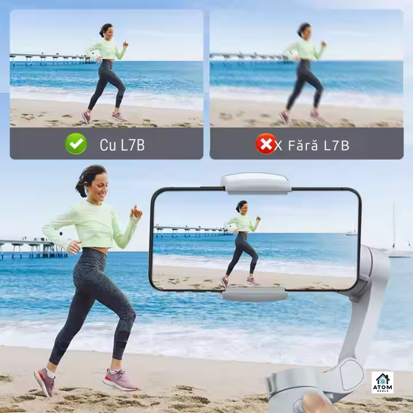 Sistem de stabilizare, gimbal, L7Bpro 3-Axe ATOM DEALS®️, trepied, portabil, operare cu 1 mana, functii 360°, urmareste fata, corpul, obiectul, dolly zoom, slow-motion, compatibil cu telefoane pana la 16.5cm, autonomie 4.5 ore, incarcare rapida, gri