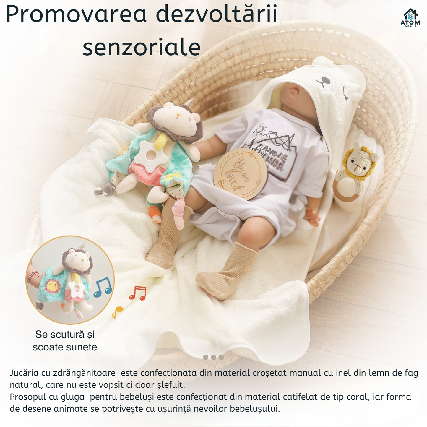 Set cadou nou născuți ATOM Deals®, prosop ursuleț, pătura leu, body, accesorii ATOM Deals