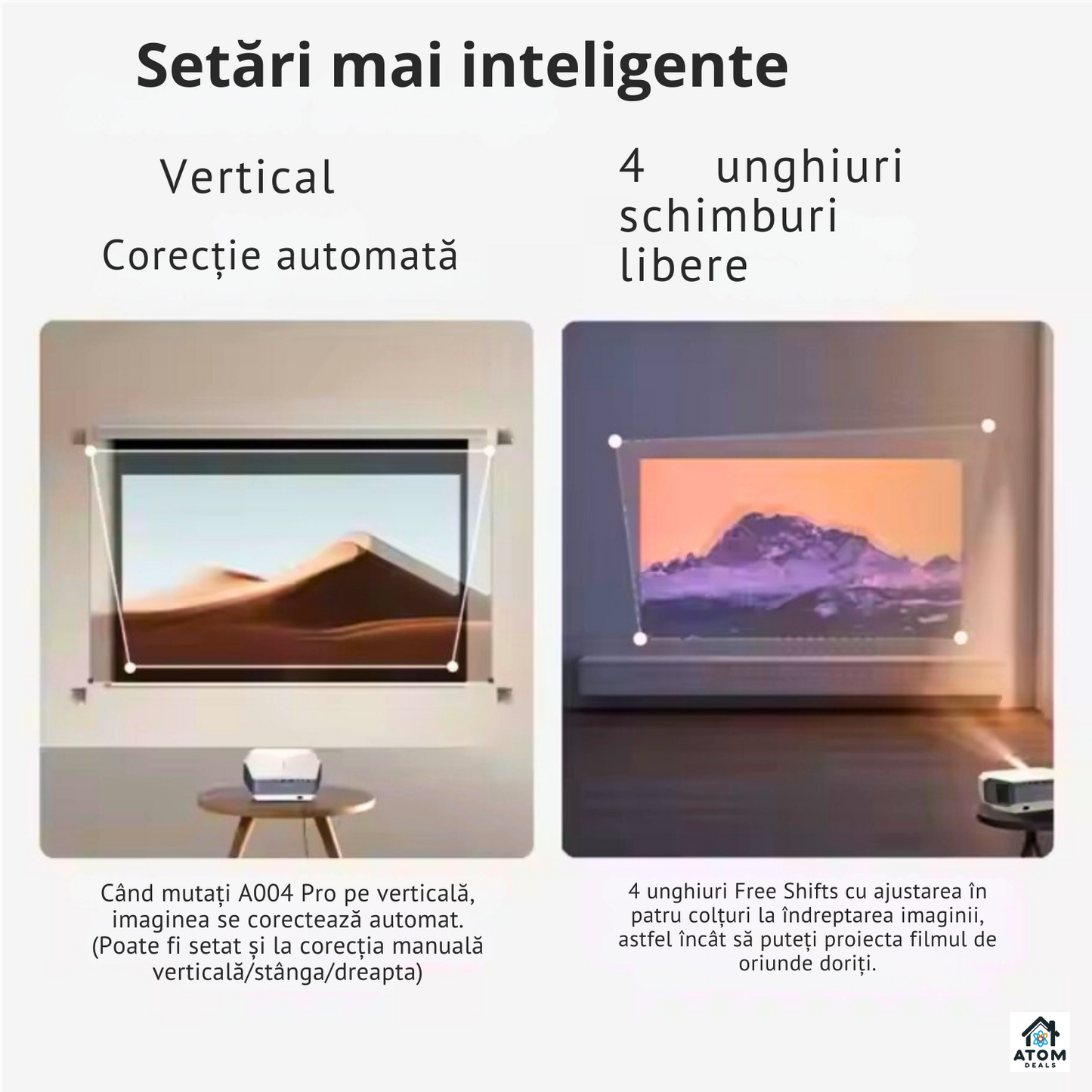 Videoproiector LED 1080P ATOM DEALS®️, 8200 lumeni, 4K suport, Android, short throw