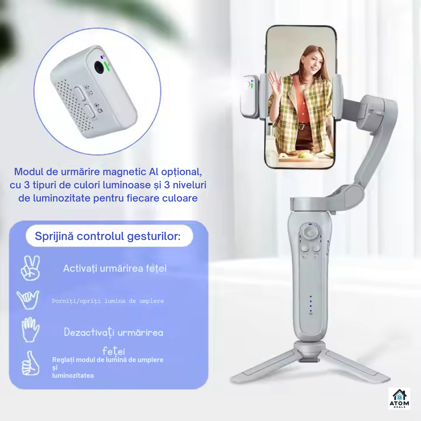 Sistem de stabilizare, gimbal, L7Bpro 3-Axe ATOM DEALS®️, trepied, portabil, operare cu 1 mana, functii 360°, urmareste fata, corpul, obiectul, dolly zoom, slow-motion, compatibil cu telefoane pana la 16.5cm, autonomie 4.5 ore, incarcare rapida, gri