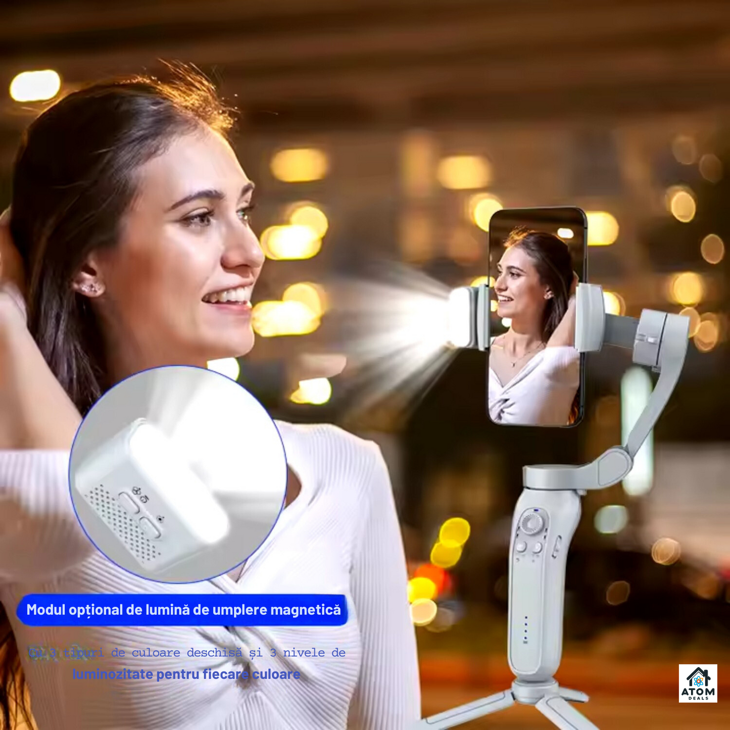 Sistem de stabilizare, gimbal, L7Bpro 3-Axe ATOM DEALS®️, trepied, portabil, operare cu 1 mana, functii 360°, urmareste fata, corpul, obiectul, dolly zoom, slow-motion, compatibil cu telefoane pana la 16.5cm, autonomie 4.5 ore, incarcare rapida, gri