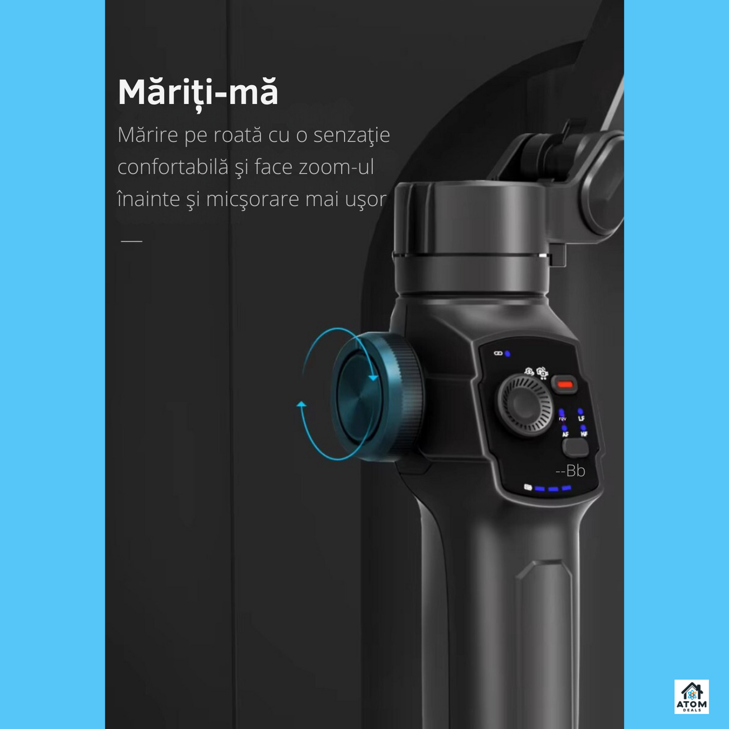Sistem de stabilizare, gimbal, L9 ATOM DEALS®️, anti shake, pliabil, portabil, autonomie 210 min, incarcare rapida, baterie Li-ion, urmarire AI fata, corp, obiect, functii timelapse, dolly zoom, panoramic, compatibil iOS/Android, greutate redusa, negru