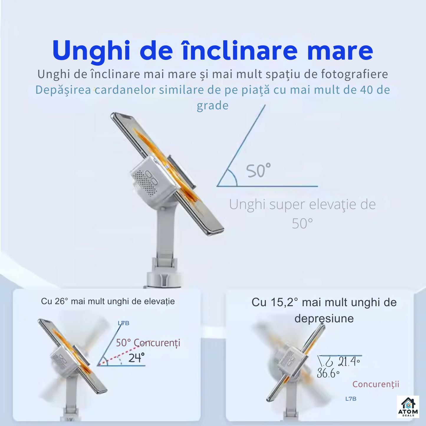 Sistem de stabilizare, gimbal, L7Bpro 3-Axe ATOM DEALS®️, trepied, portabil, operare cu 1 mana, functii 360°, urmareste fata, corpul, obiectul, dolly zoom, slow-motion, compatibil cu telefoane pana la 16.5cm, autonomie 4.5 ore, incarcare rapida, gri