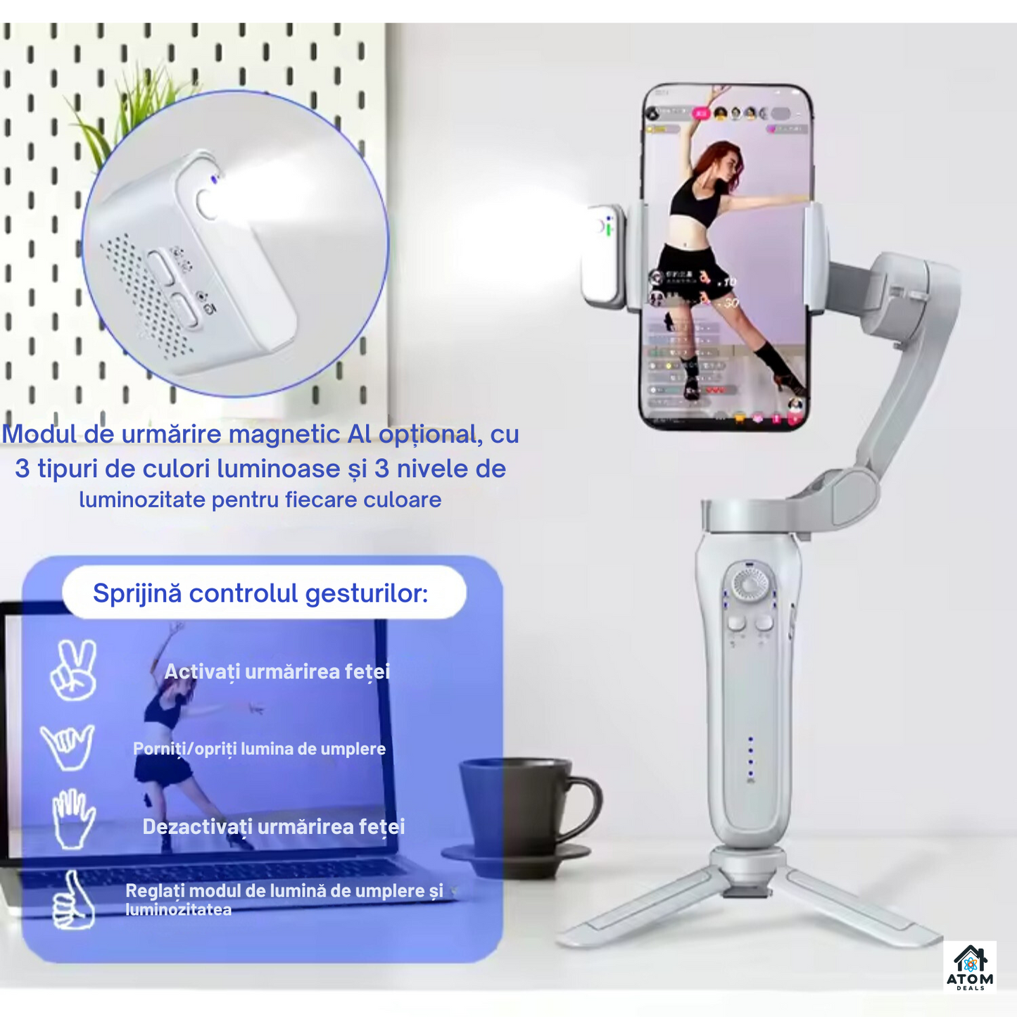 Sistem de stabilizare, gimbal, L7Bpro 3-Axe ATOM DEALS®️, trepied, portabil, operare cu 1 mana, functii 360°, urmareste fata, corpul, obiectul, dolly zoom, slow-motion, compatibil cu telefoane pana la 16.5cm, autonomie 4.5 ore, incarcare rapida, gri