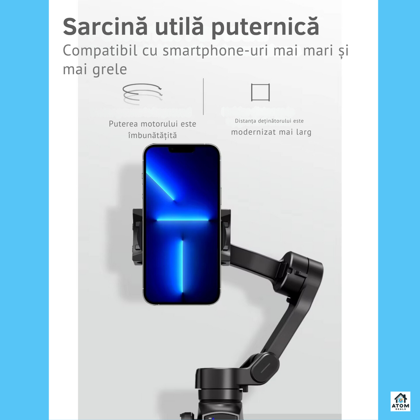 Sistem de stabilizare, gimbal, L9 ATOM DEALS®️, anti shake, pliabil, portabil, autonomie 210 min, incarcare rapida, baterie Li-ion, urmarire AI fata, corp, obiect, functii timelapse, dolly zoom, panoramic, compatibil iOS/Android, greutate redusa, negru