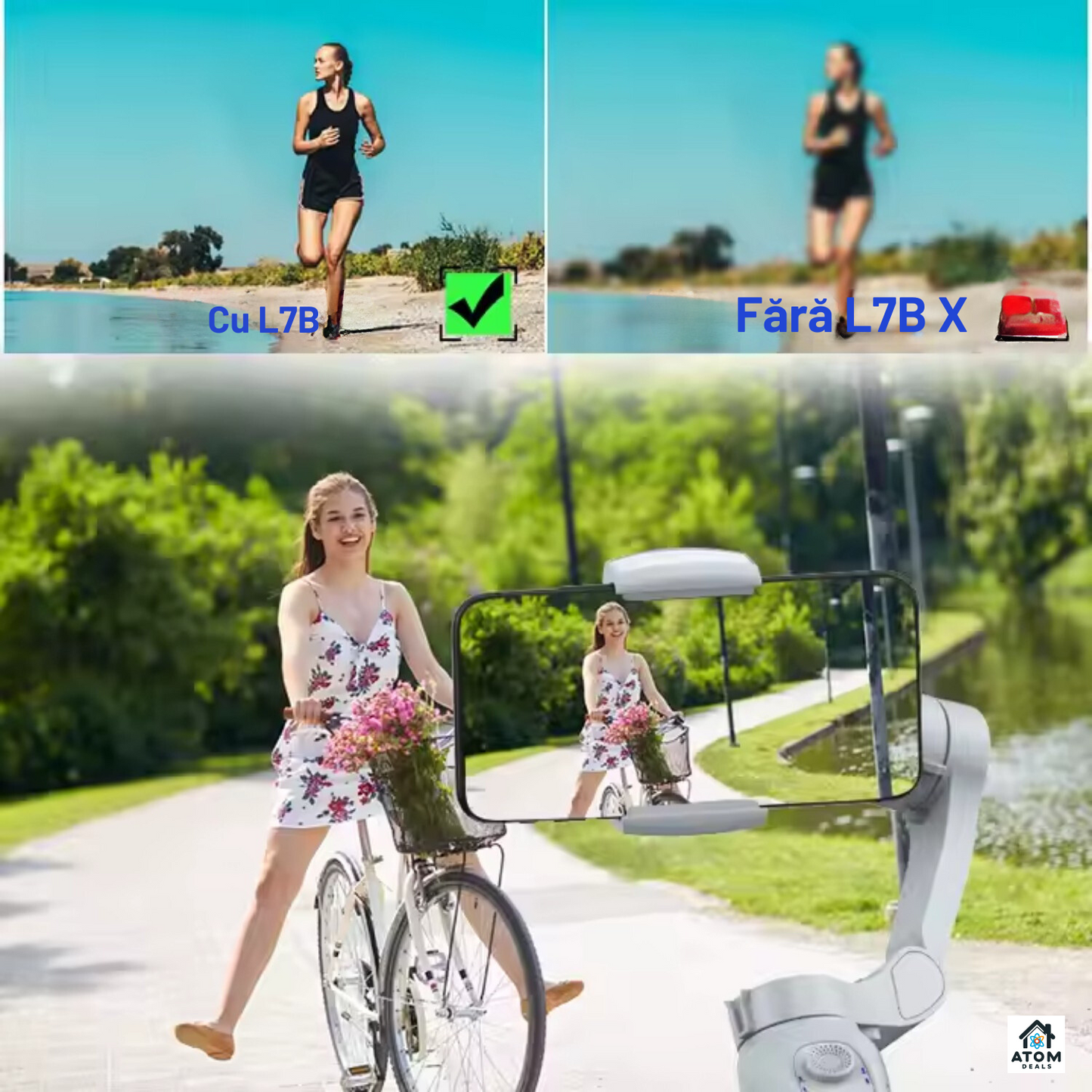 Sistem de stabilizare, gimbal, L7Bpro 3-Axe ATOM DEALS®️, trepied, portabil, operare cu 1 mana, functii 360°, urmareste fata, corpul, obiectul, dolly zoom, slow-motion, compatibil cu telefoane pana la 16.5cm, autonomie 4.5 ore, incarcare rapida, gri