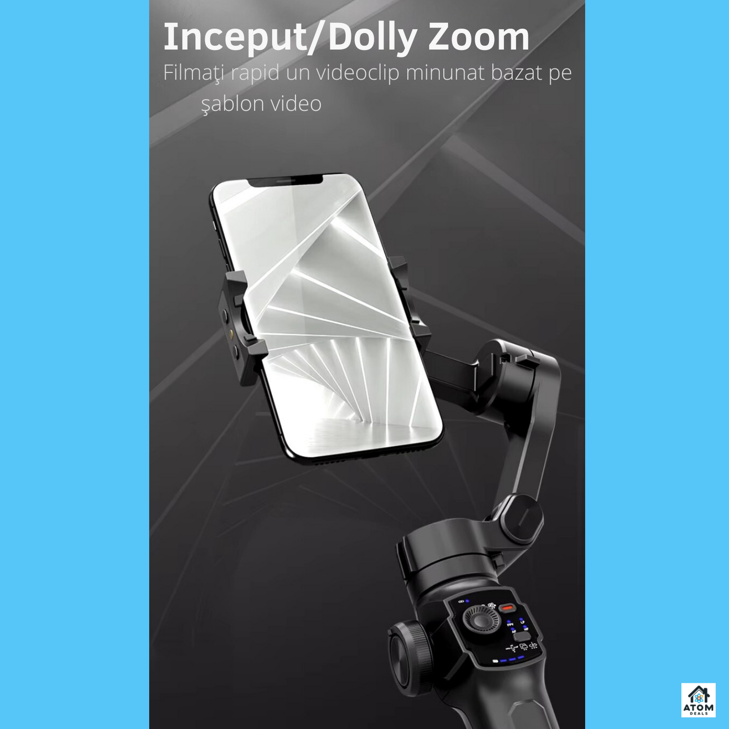 Sistem de stabilizare, gimbal, L9 ATOM DEALS®️, anti shake, pliabil, portabil, autonomie 210 min, incarcare rapida, baterie Li-ion, urmarire AI fata, corp, obiect, functii timelapse, dolly zoom, panoramic, compatibil iOS/Android, greutate redusa, negru