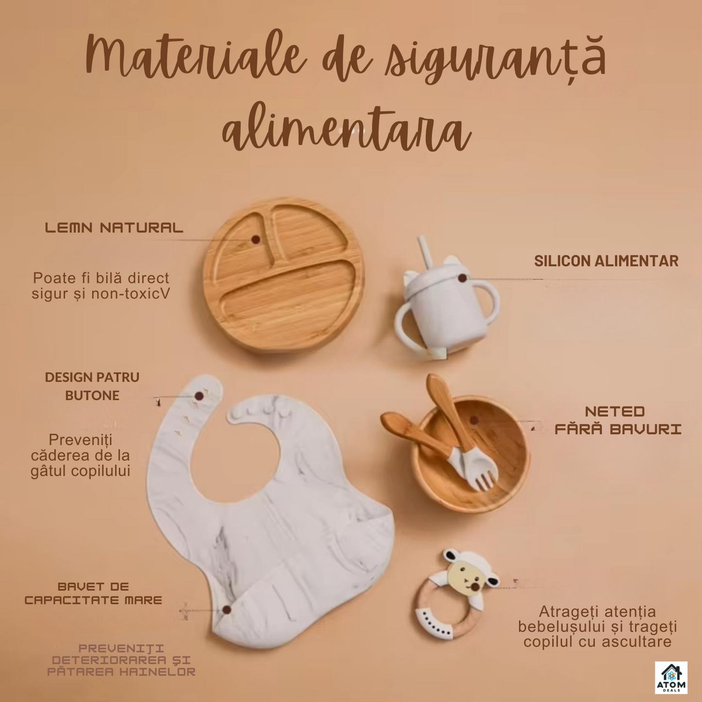 Set masă bebeluși din bambus – farfurie cu ventuză, tacâmuri silicon, bavetă