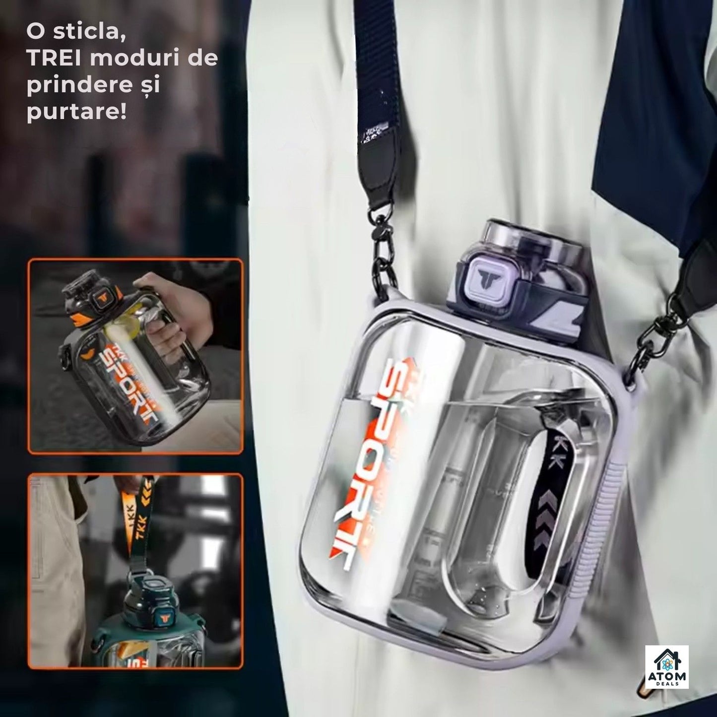 Sticlă sport 1000 ml ATOM DEALS®️, Tritan fără BPA, pai silicon, capac flip, curea