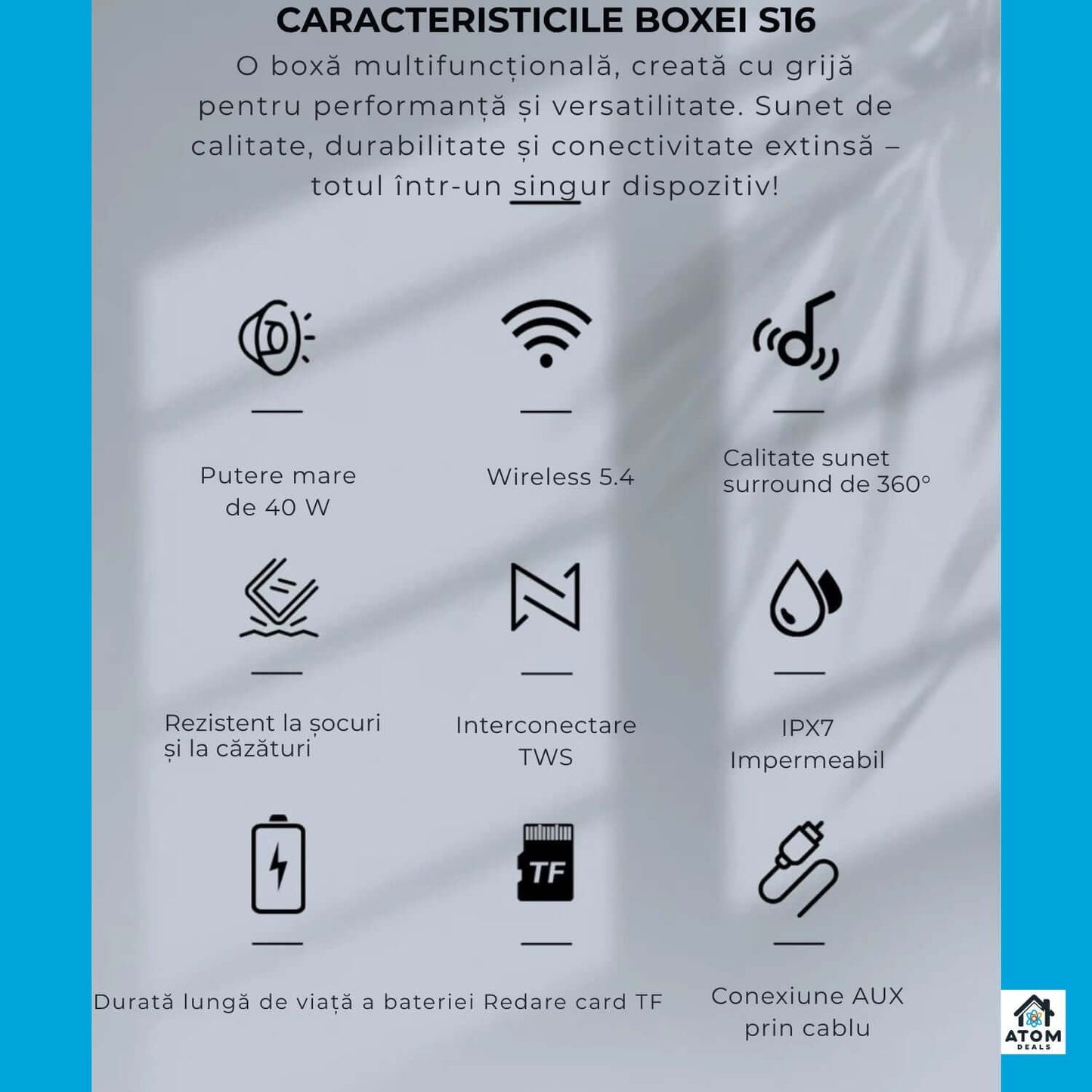 Boxă portabilă ATOM Deals®, 40W waterproof IPX7, Bluetooth5.4, 20h autonomie, USB-C
