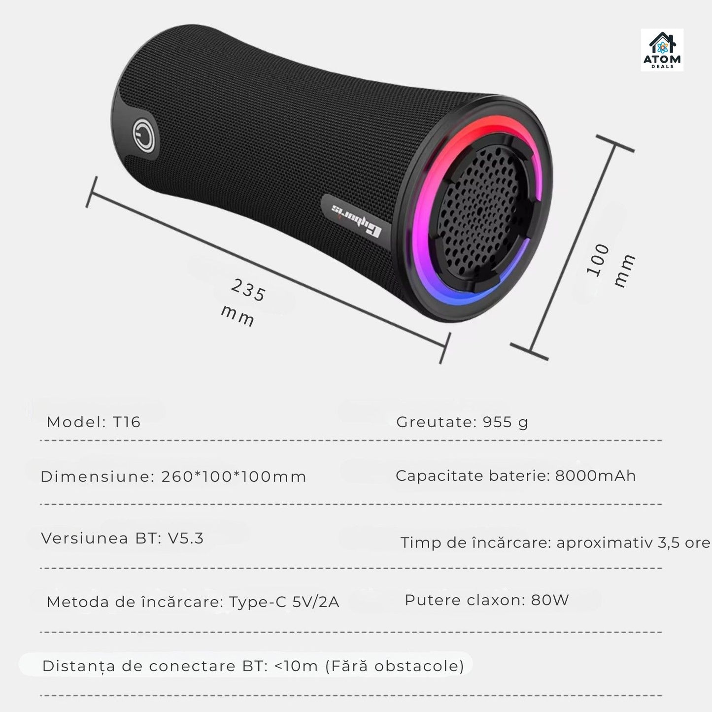 Boxă portabilă ATOM Deals®, 80W, 2.1 stereo, bass reflex, Bluetooth 5.3, LED, IPX5