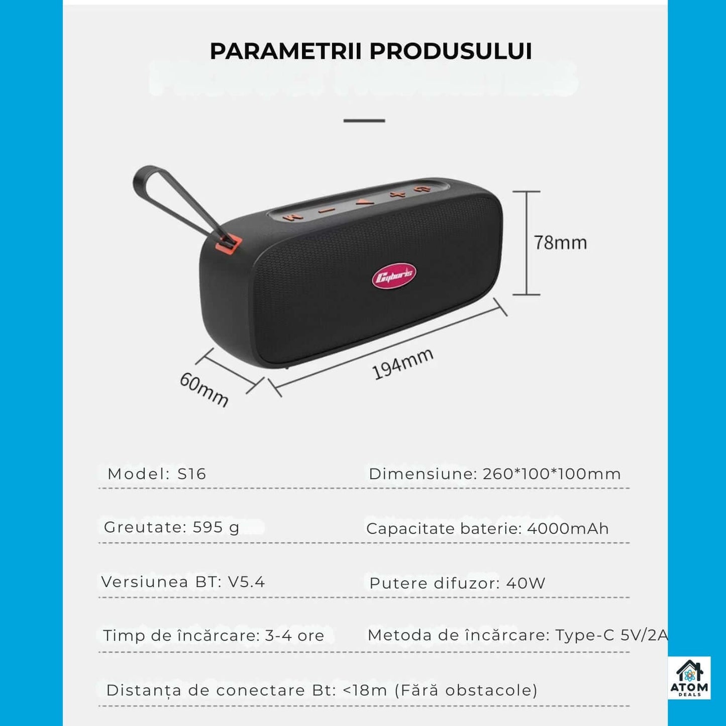 Boxă portabilă ATOM Deals®, 40W waterproof IPX7, Bluetooth5.4, 20h autonomie, USB-C