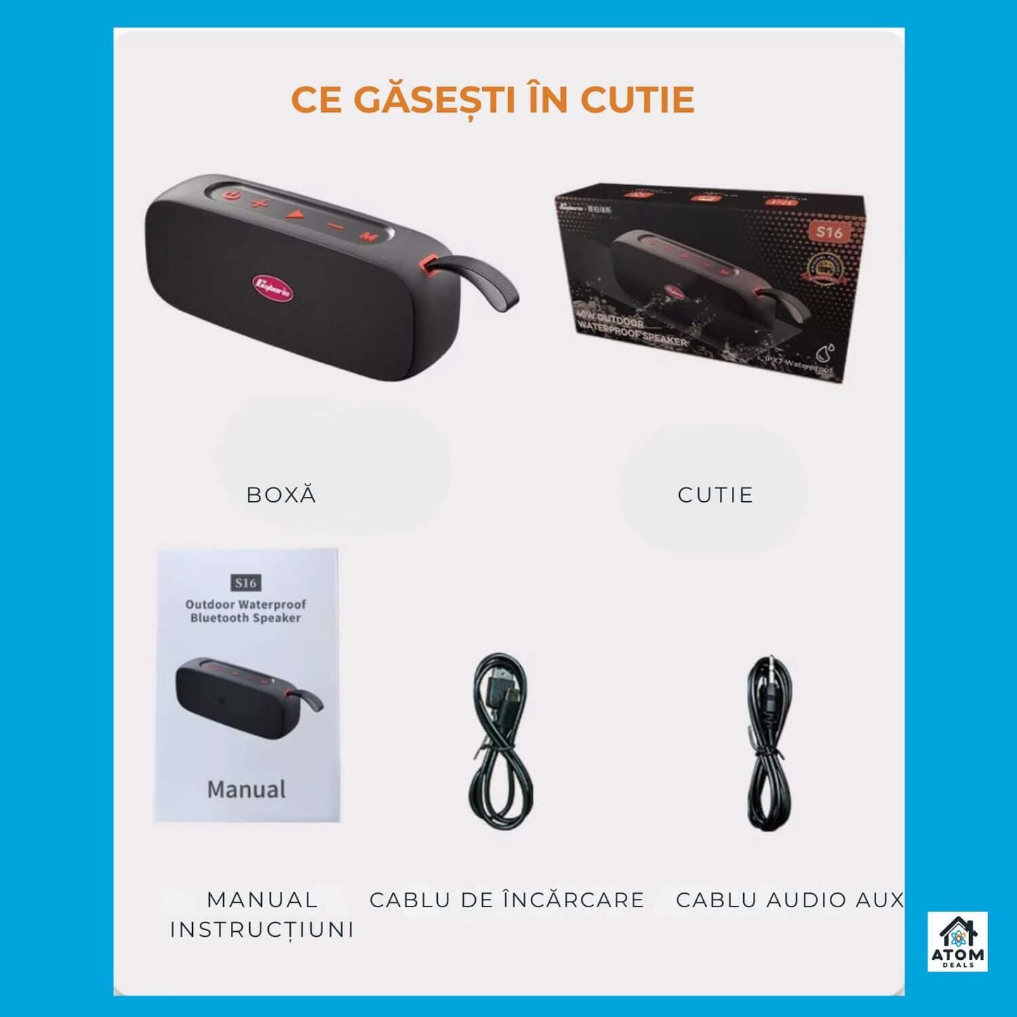 Boxă portabilă ATOM Deals®, 40W waterproof IPX7, Bluetooth5.4, 20h autonomie, USB-C