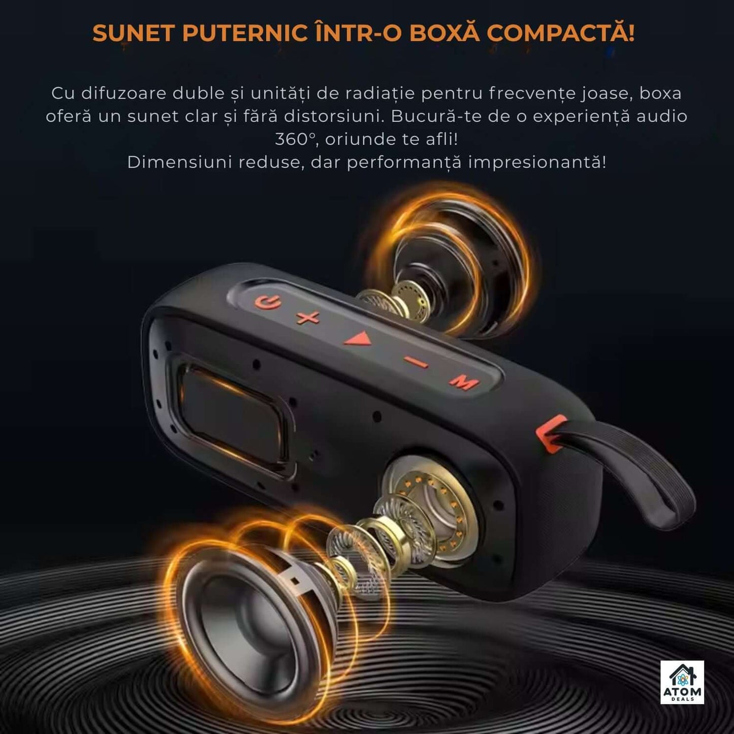 Boxă portabilă ATOM Deals®, 40W waterproof IPX7, Bluetooth5.4, 20h autonomie, USB-C