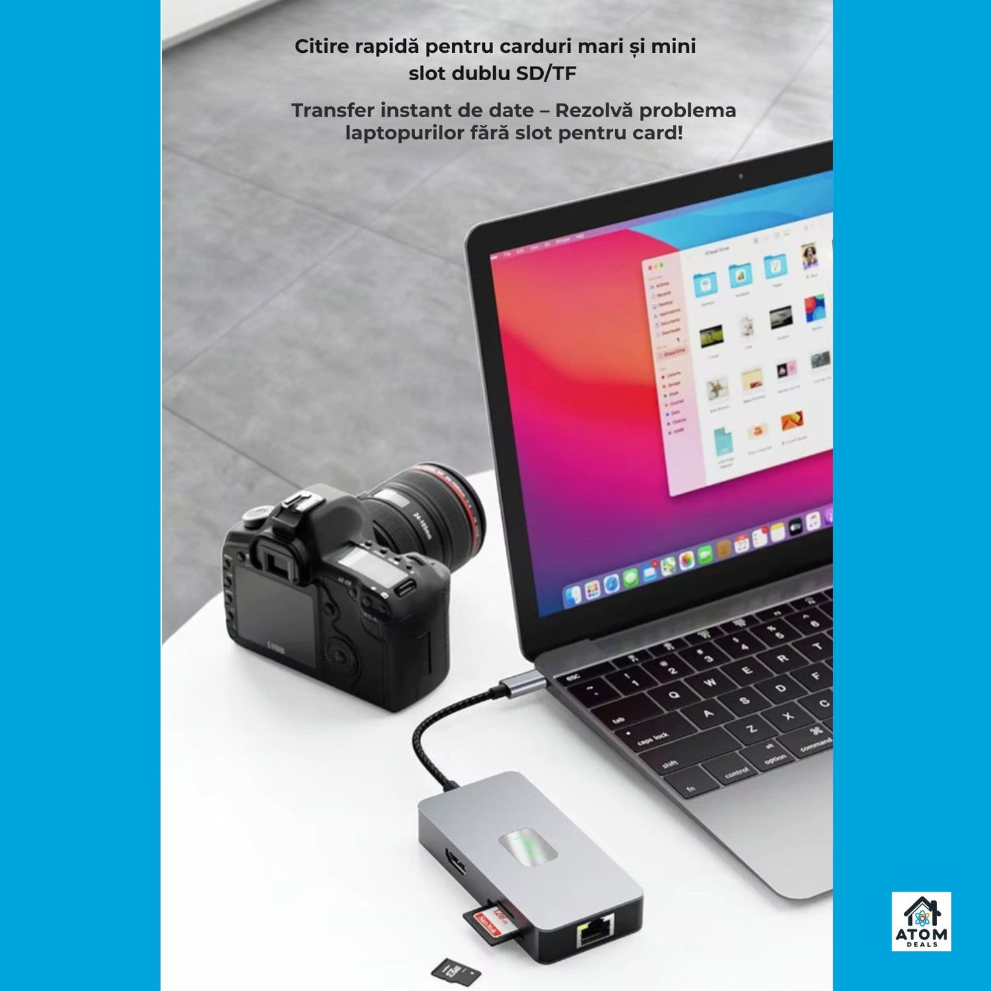 Hub USB-C 7 in 1 ATOM Deals®, gri deschis, PD 100W, HDMI 4K 60Hz, 2 x USB 3.2, Ethernet 2500Mbps , cititor SD TF, transfer ultra rapid, docking station aluminiu pentru laptop, MacBook, PC