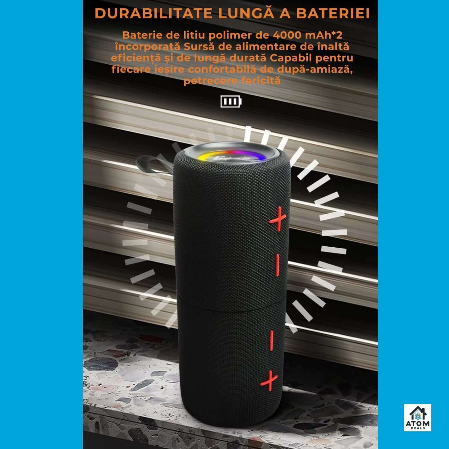 Boxa portabila ATOM Deals®, Bluetooth 5.3, sunet stereo 2x20W, bass puternic, waterproof IPX6, autonomie 20h, baterie 2x4000mAh, LED RGB, TWS, card TF, pentru petreceri, drumetii si exterior, negru