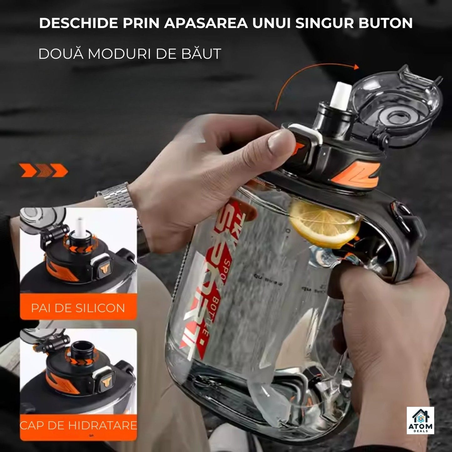 Sticlă sport 1000 ml ATOM DEALS®️, Tritan fără BPA, pai silicon, capac flip, curea