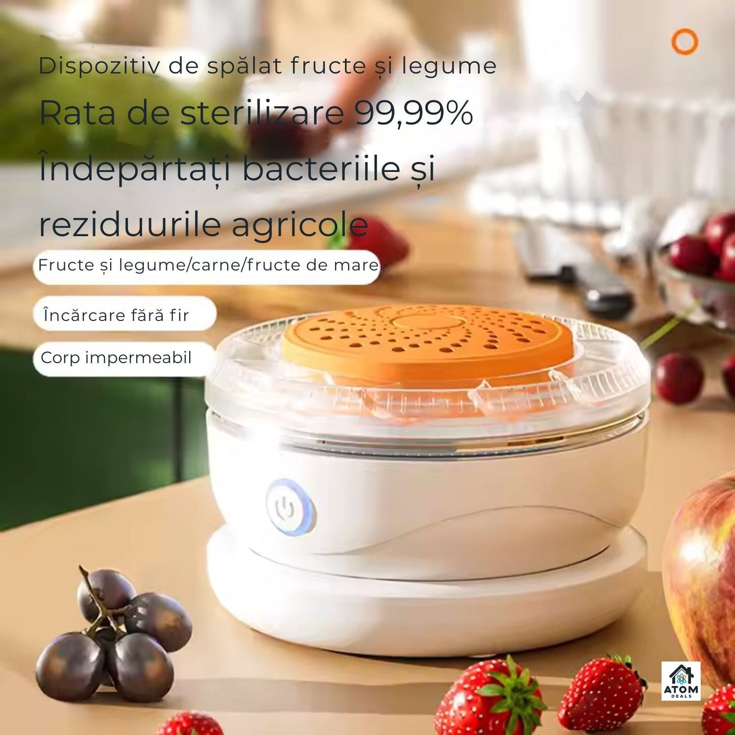 Purificator alimente ATOM Deals®, ioni activi, portabil, IPX 7, încărcare wireless ATOM Deals