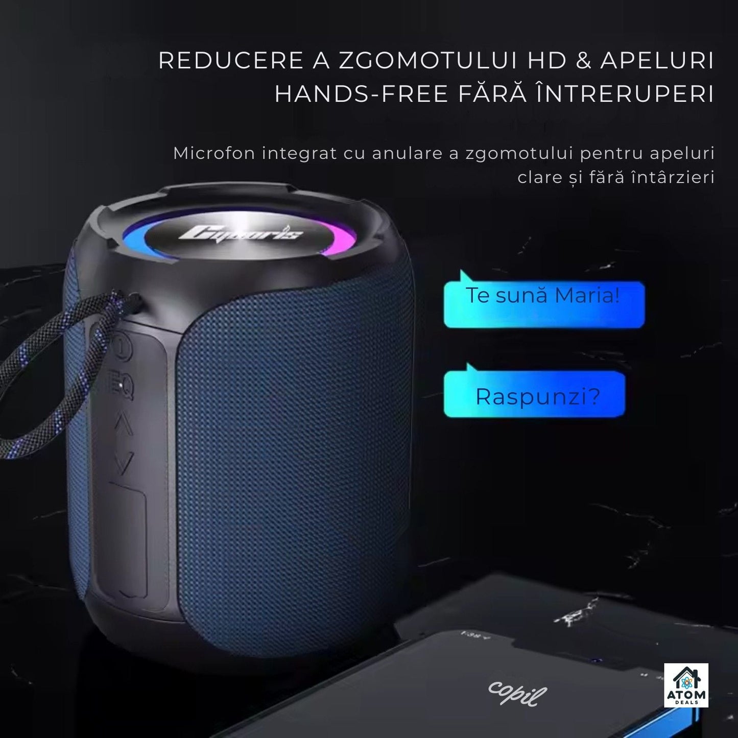 Boxa portabila ATOM Deals®, 40W waterproof IPX7, Bluetooth, LED RGB, 10h ATOM Deals