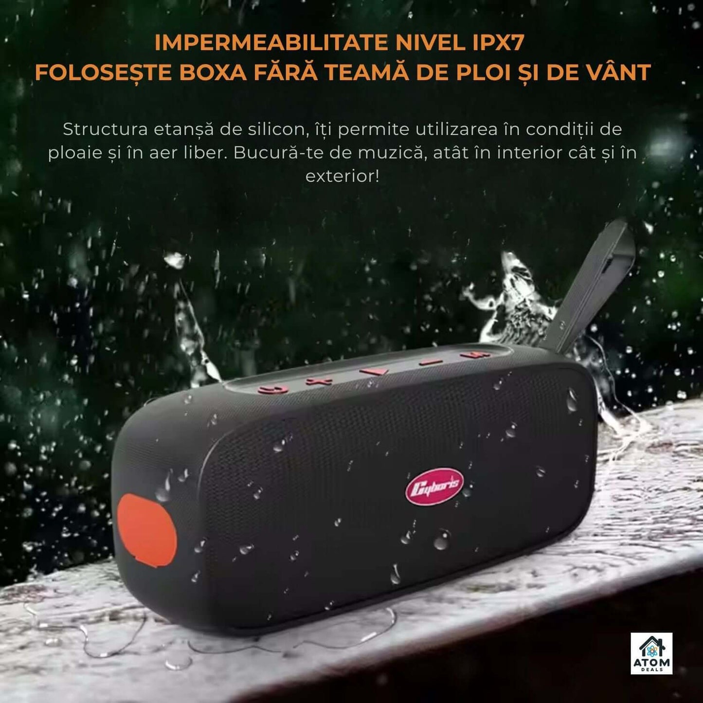 Boxă portabilă ATOM Deals®, 40W waterproof IPX7, Bluetooth5.4, 20h autonomie, USB-C