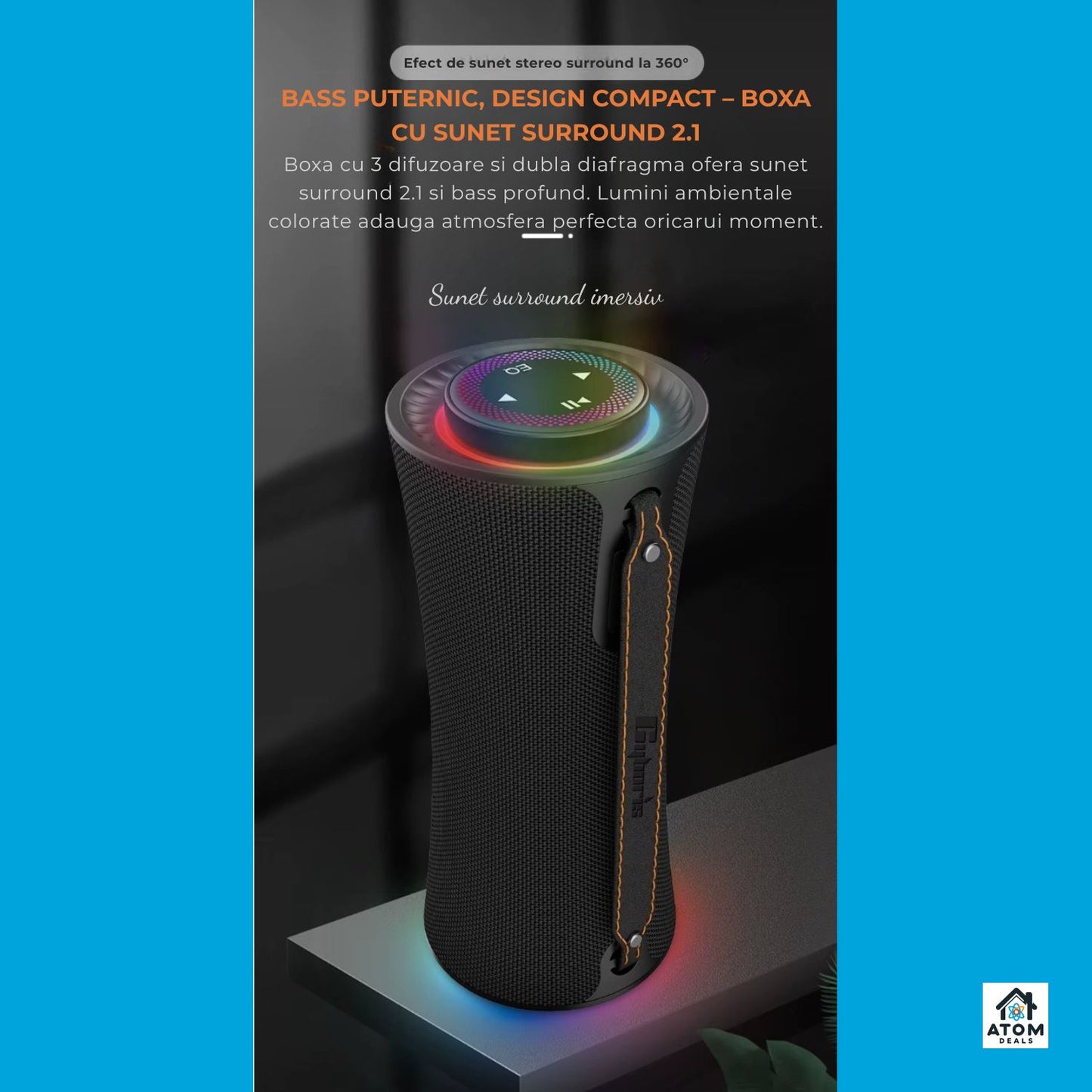 Boxă portabilă ATOM Deals®, 80W, 2.1 stereo, bass reflex, Bluetooth 5.3, LED, IPX5