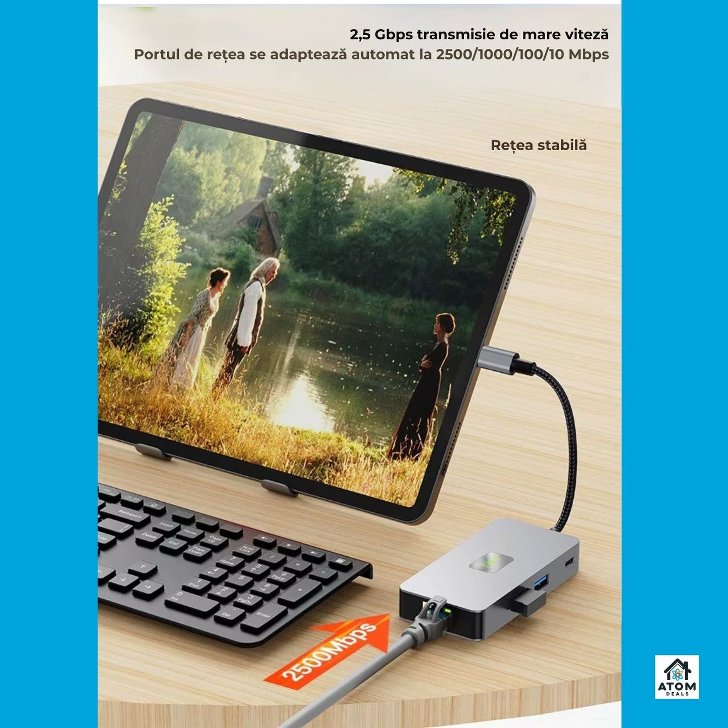 Hub USB-C 7 in 1 ATOM Deals®, gri deschis, PD 100W, HDMI 4K 60Hz, 2 x USB 3.2, Ethernet 2500Mbps , cititor SD TF, transfer ultra rapid, docking station aluminiu pentru laptop, MacBook, PC