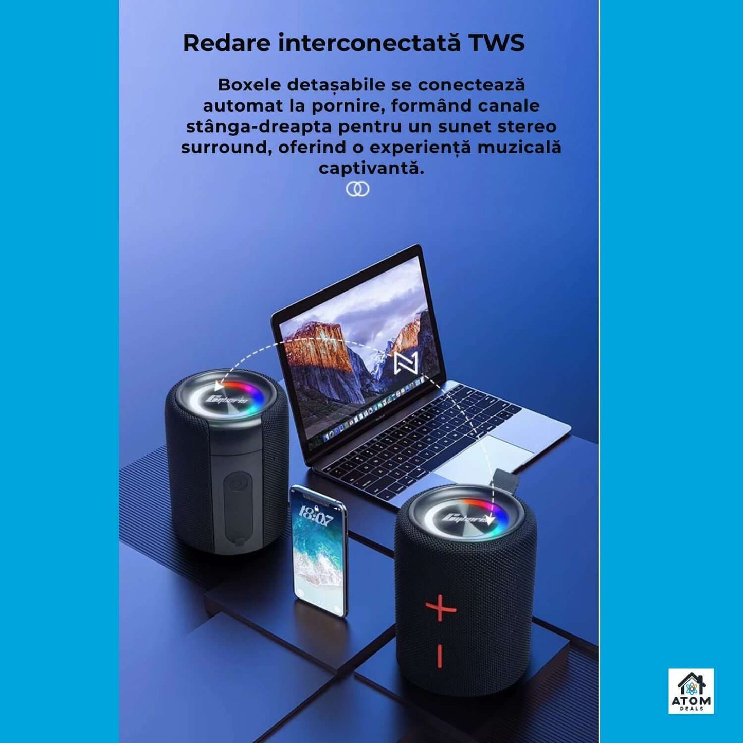 Boxa portabila ATOM Deals®, Bluetooth 5.3, sunet stereo 2x20W, bass puternic, waterproof IPX6, autonomie 20h, baterie 2x4000mAh, LED RGB, TWS, card TF, pentru petreceri, drumetii si exterior, negru