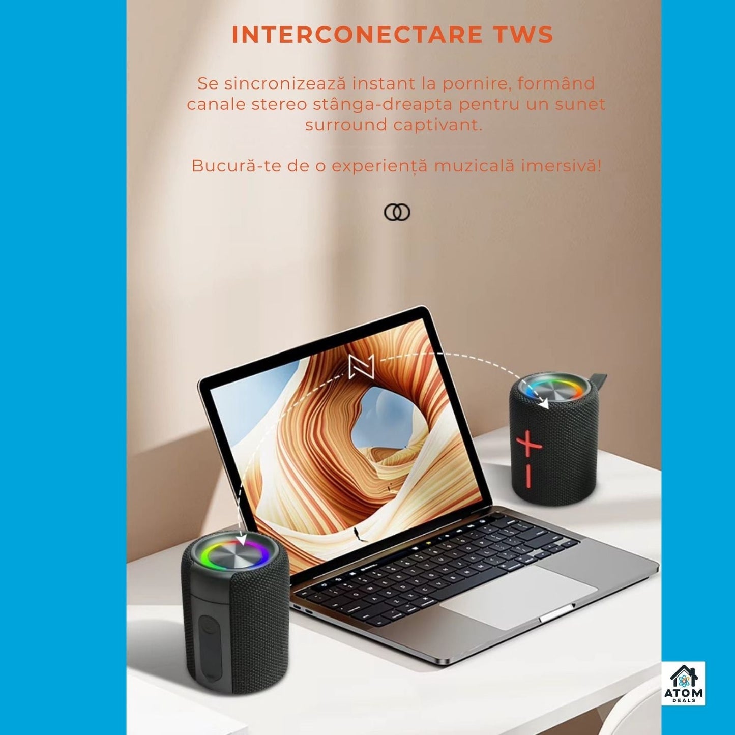 Boxa portabila ATOM Deals®, 20W, waterproof IPX6, Bluetooth 5.3, 15h autonomie ATOM Deals