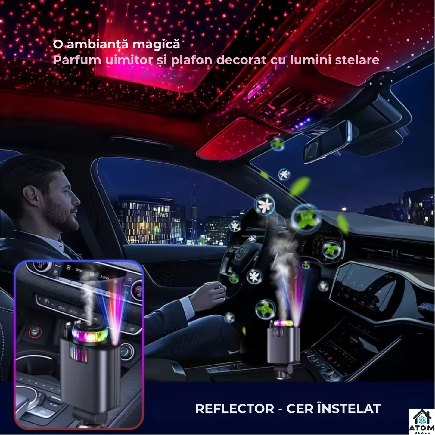 Incarcator auto rapid ATOM Deals® 5-in-1, 45W PD & QC3.0, USB-C fast charging, cablu retractabil, difuzor parfum auto, protectie multipla, negru