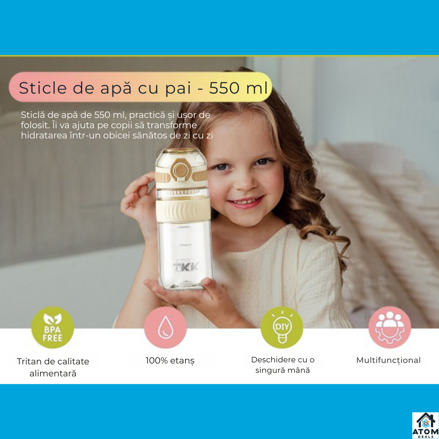 Sticla Tritan 550ml ATOM DEALS® BPA Free, pentru copii, cu capac etans, recipient apa sport, sticla reutilizabila pentru birou, sala, calatorii, design modern ATOM Deals